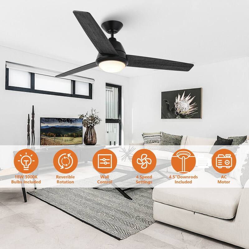 52-inch Modern Black Wooden Ceiling Fan with LED Light and Remote