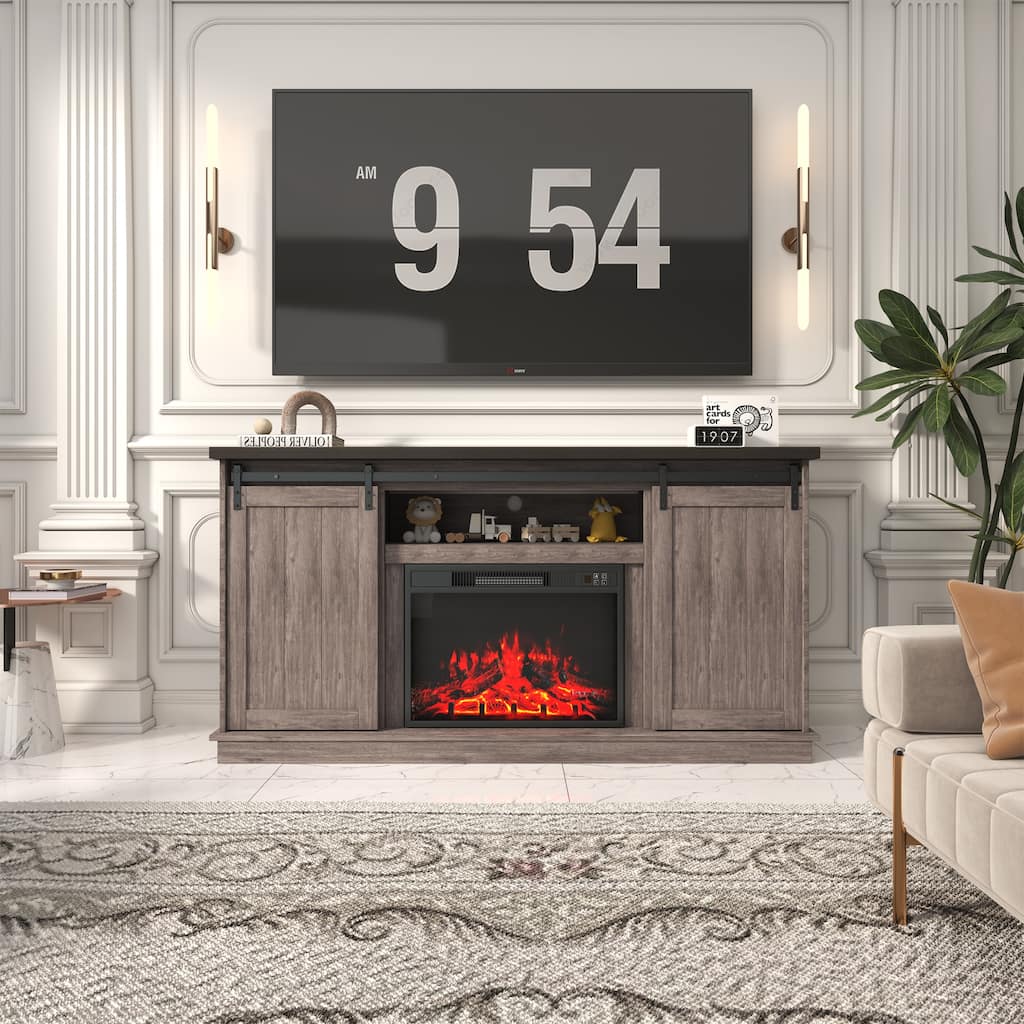 63" Farmhouse Fireplace TV Stand with Sliding Barn Door, Accommodates TVs Up to 65", Featuring Storage and Adjustable Shelves