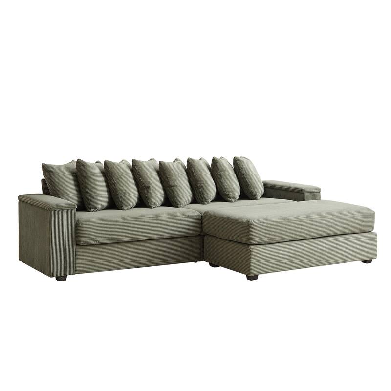 L-shaped Sectional Sofa with Chaise Corduroy Upholstered Couch with Reversible Ottoman, 2 Storage Armrests and 8 Pillows