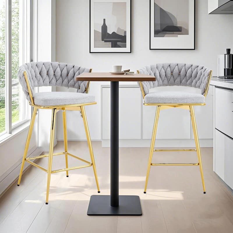 Set of 2 Swivel Bar Stools with Breathable Linen Cushions