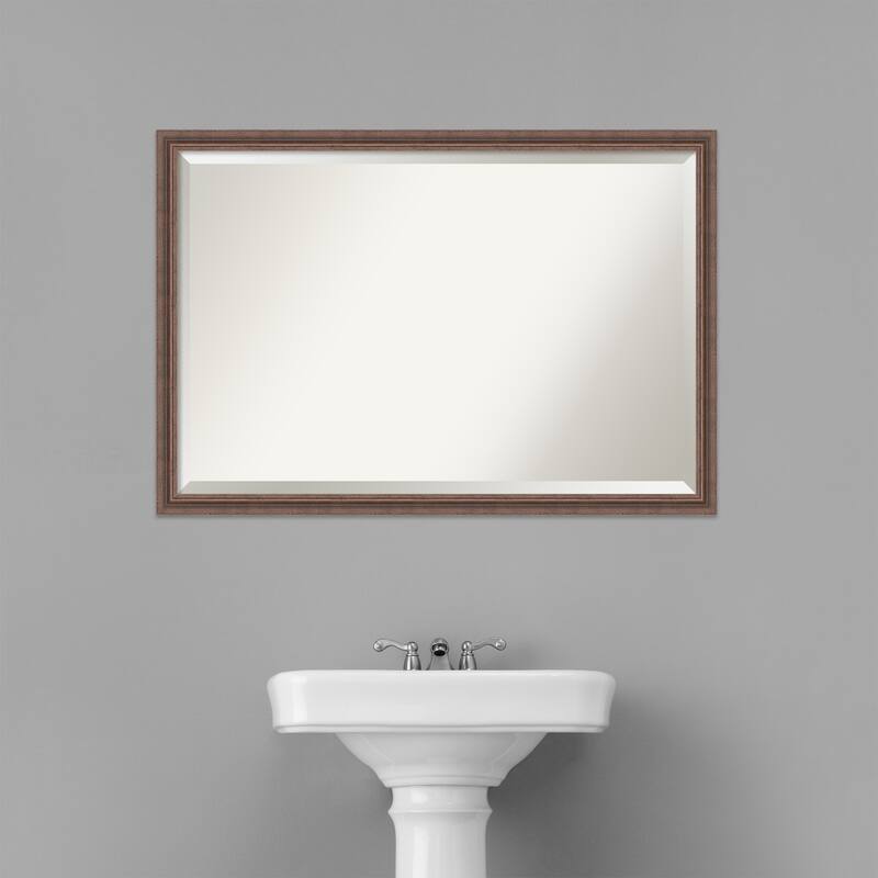 Beveled Wood Bathroom Wall Mirror - Distressed Rustic Brown Frame - Distressed Rustic Brown
