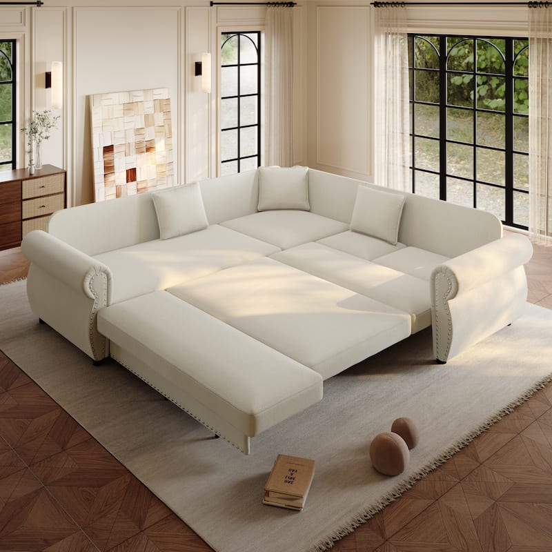 88.2" L-Shaped Sleeper Sectional Sofa with Pull-Out Bed - Chenille Convertible Couch, Nailhead Trim, for Living Room