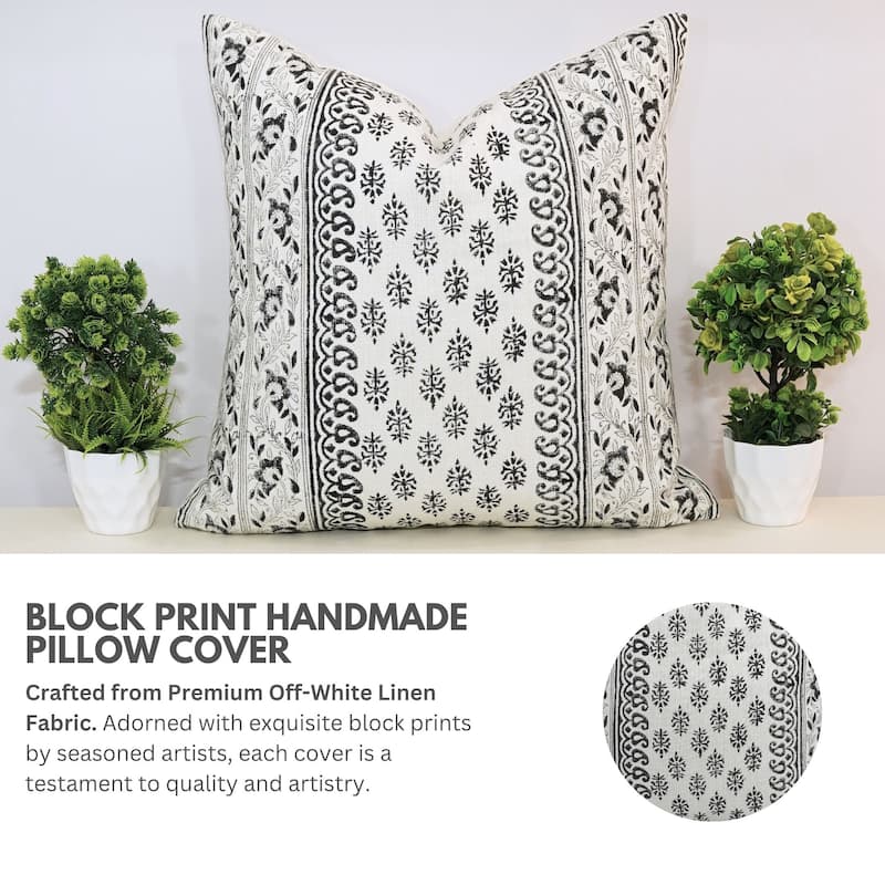 Linen Farmhouse Block print pillow Cover Flower Buta