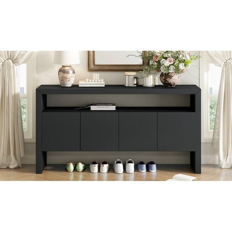 60" 4-Door Sideboard, Modern Minimalist Solid Wood Veneer Sideboard with Open Shelf, Natural Wood Grain