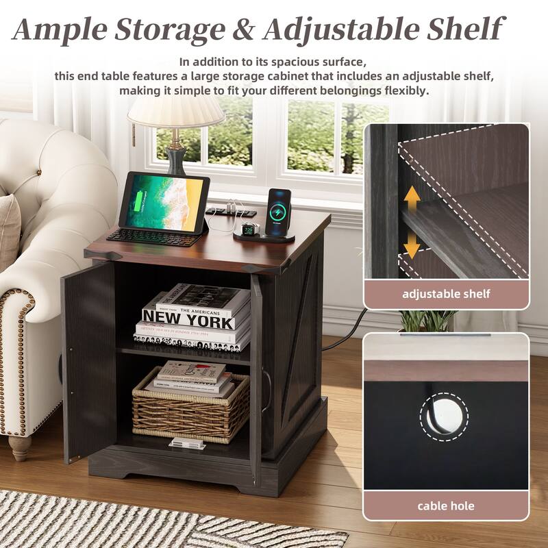 19.6" Rustic Grey End Table with Charging Station (2AC+2USB), Barn Doors & Adjustable Shelf