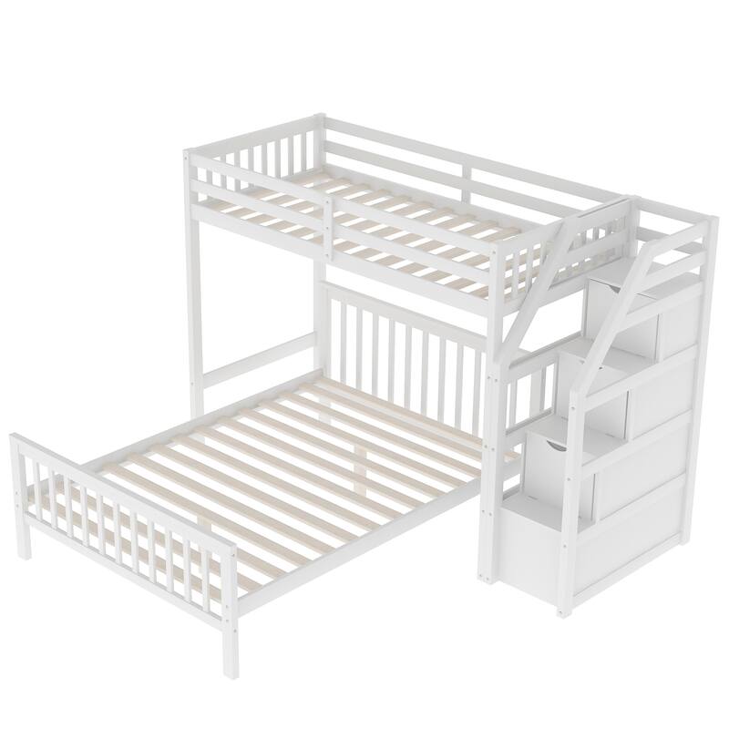 Twin Over Full Bunk Bed with 3 Staircase and Ladder, Solid Wood