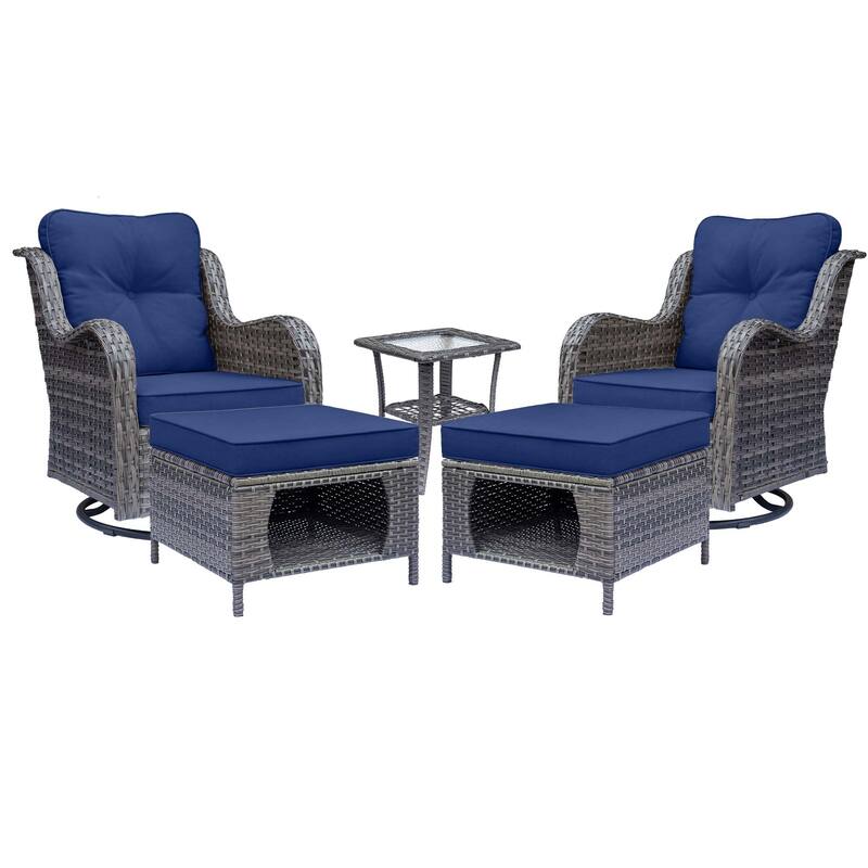 5 Piece Outdoor Wicker Patio Swivel Chair with Ottoman Conversation Set
