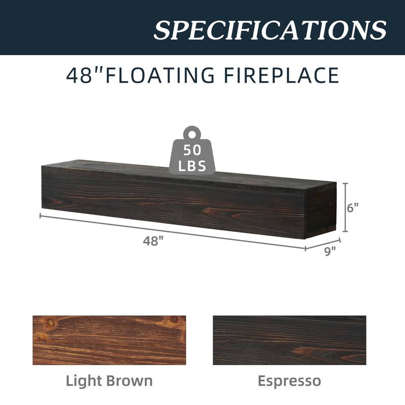 Espresso Solid Wood Floating Fireplace Mantel Shelf with Sturdy Bracket - 48 x 9 x 6 in (L x W x H)