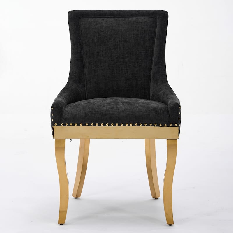 Chenille Dining Chairs, Modern Upholstered Accent Chair with Curved Gold-Plated Legs & Rivet Trim, Plush Fabric, Set of 2