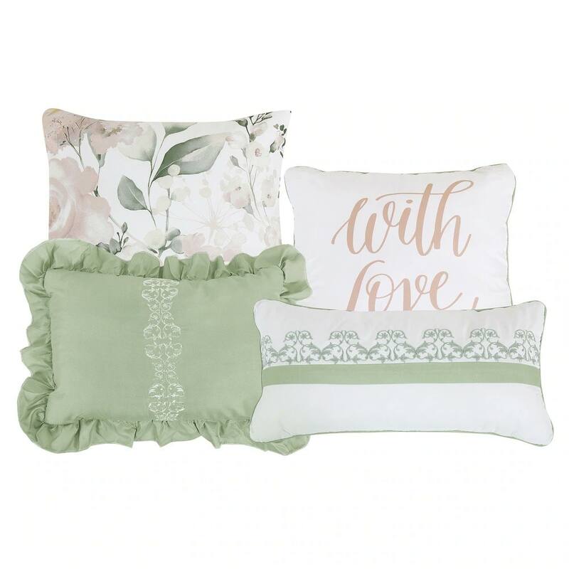 7 Piece White & Green Floral Comforter Set Embroidery Soft Bedding
