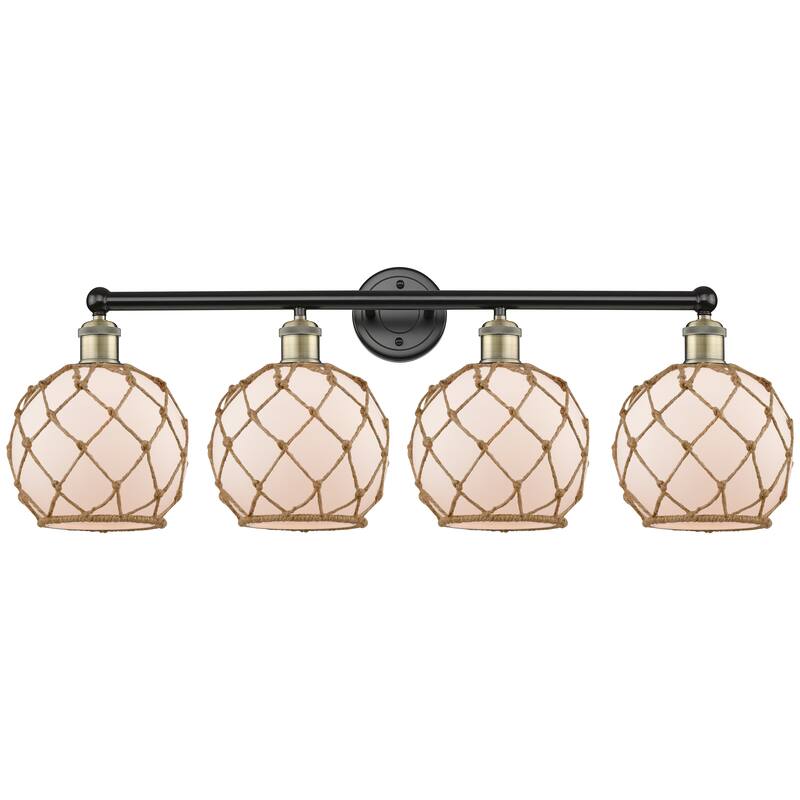 Innovations Lighting Endless Possibilities Edison - Farmhouse Rope - 4 Light 35" Bath Vanity Light - White Glass with Brown Rope/Black Antique Brass
