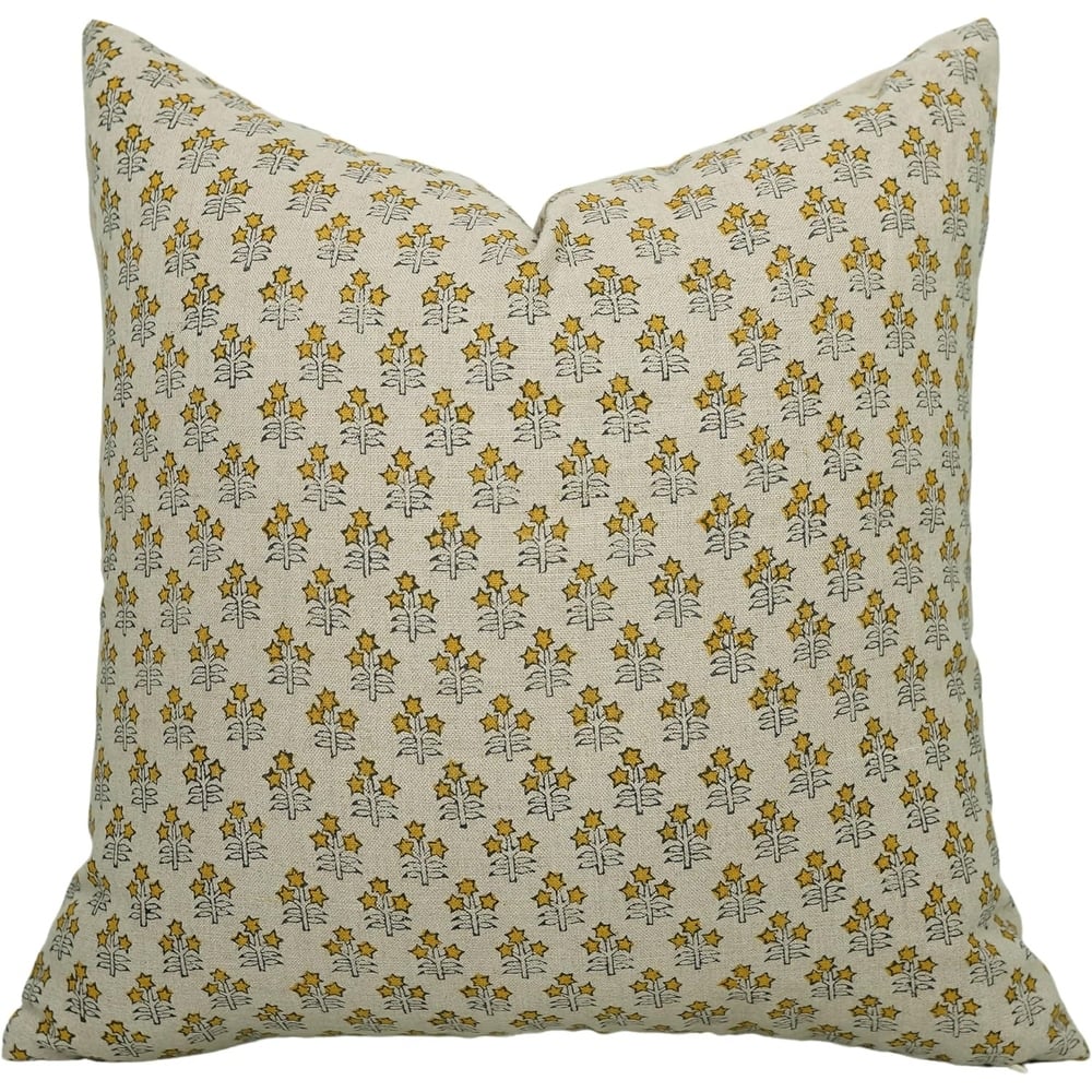 Linen Bohemian Block print pillow Cover- Kesariya