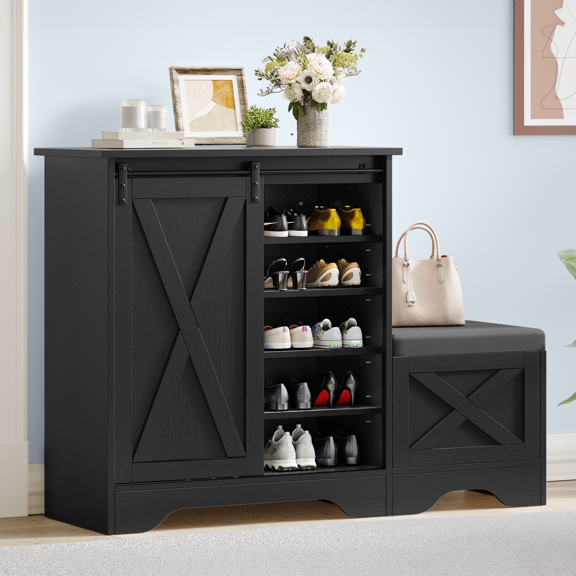 Farmhouse Shoe Cabinet with Sliding Door Shoe Bench 5 Tier Shoe Storage Cabinet with Adjustable Shelves for 20 Pairs Bed Bath Beyond 40951684