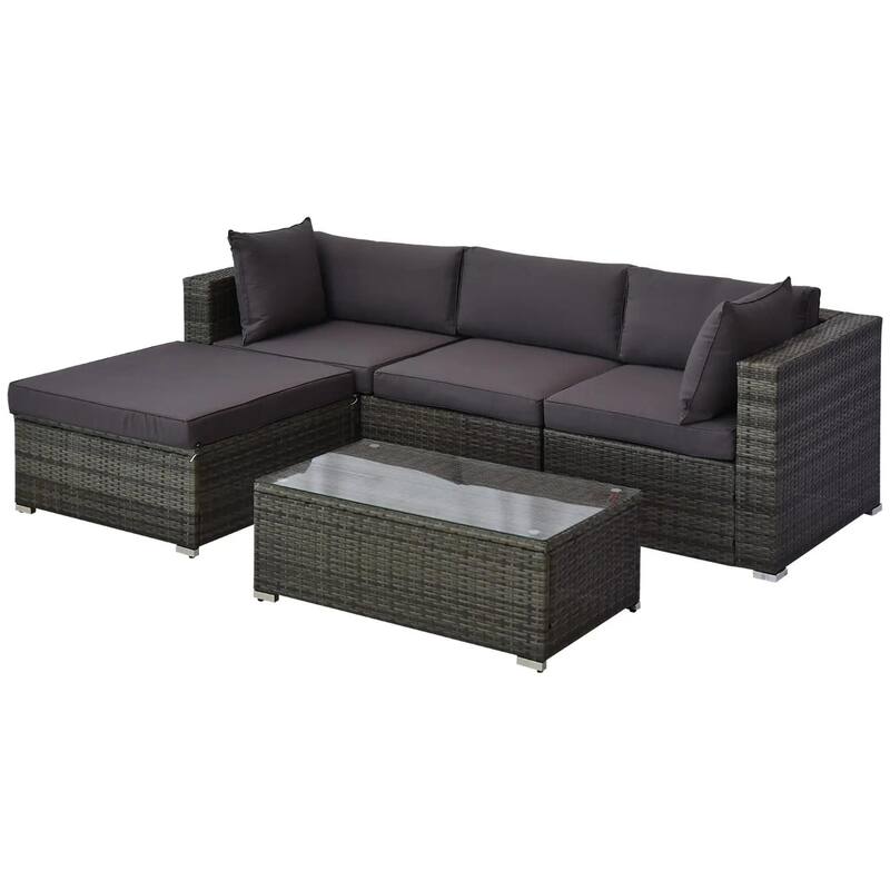 5PCS Patio Sectional, All Weather Rattan Sofa Ottoman Table, Gray