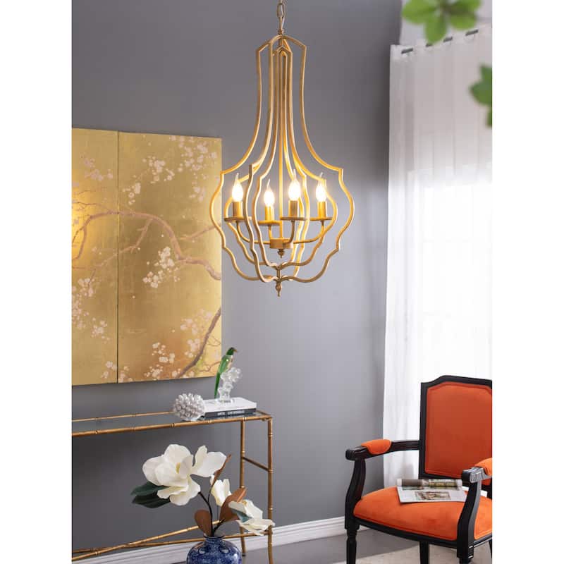 4 - Light Metal Chandelier, Hanging Light Fixture with Adjustable Chain for Kitchen Dining Room, Bulb Not Included - Gold