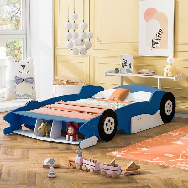 slide 2 of 12, Full Race Car Bed with Wheels - A Perfect Adventure for Kids Blue