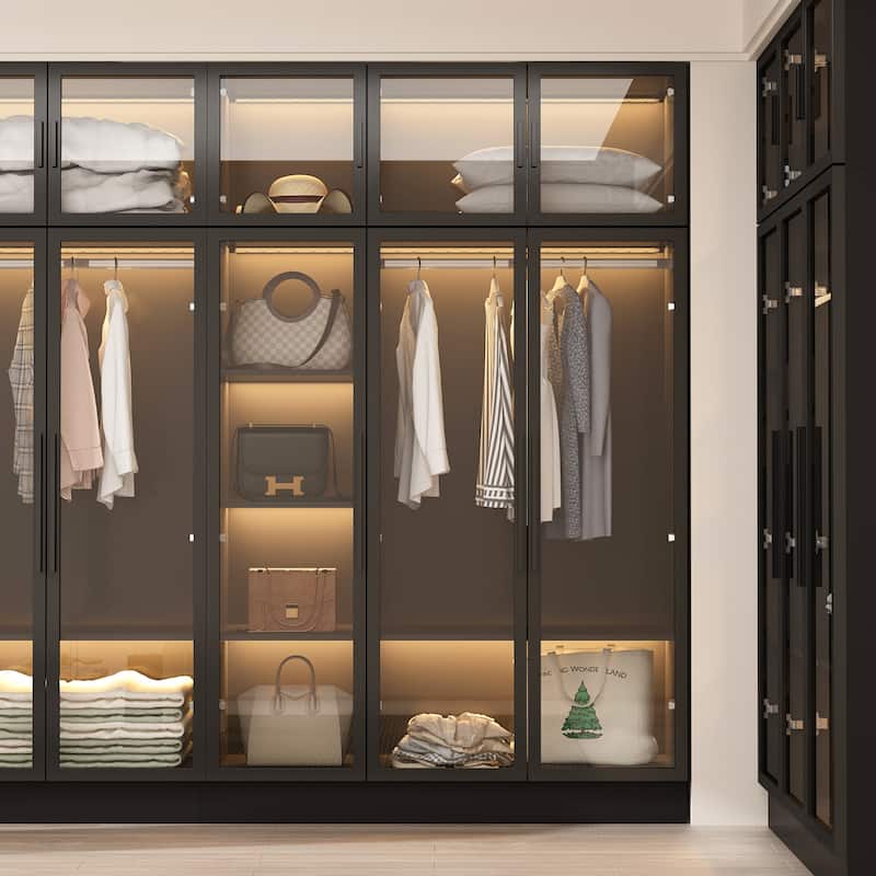 Glass Door Wardrobe Armoire Storage Closet with Light Display