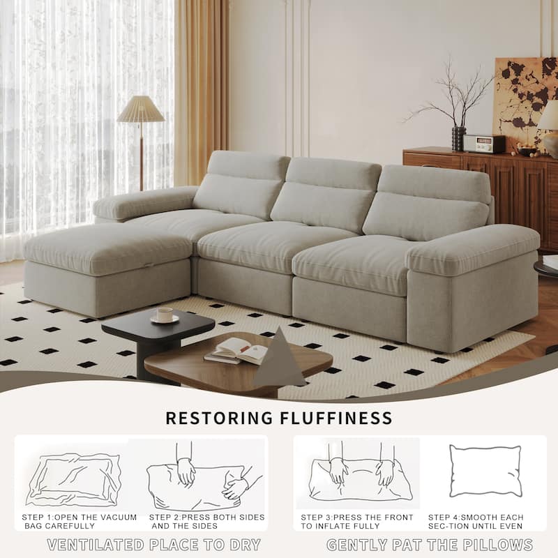Down Filling Upholstered L-shaped Sectional Sofa with Storage Ottoman and Armrests, Chaise Modular Couch with Adjusted Backrest