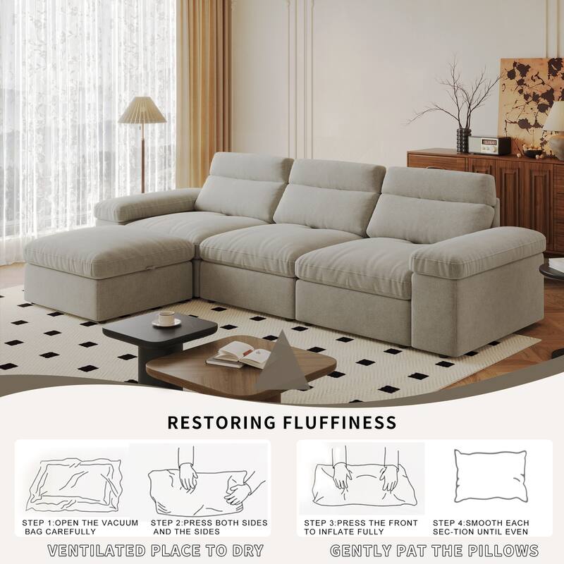 L-Shaped Modular Sectional Sofa with Storage Armrests & Ottoman, Oversized Deep-Seat Cloud Sofa, Lounge Sofa with Adjusted Back