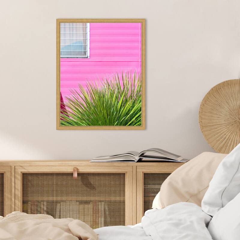 Vintage Pink Camper Trailer with Cactus by Tom Windeknecht Framed Canvas Wall Art Print - Sylvie Bright Gold