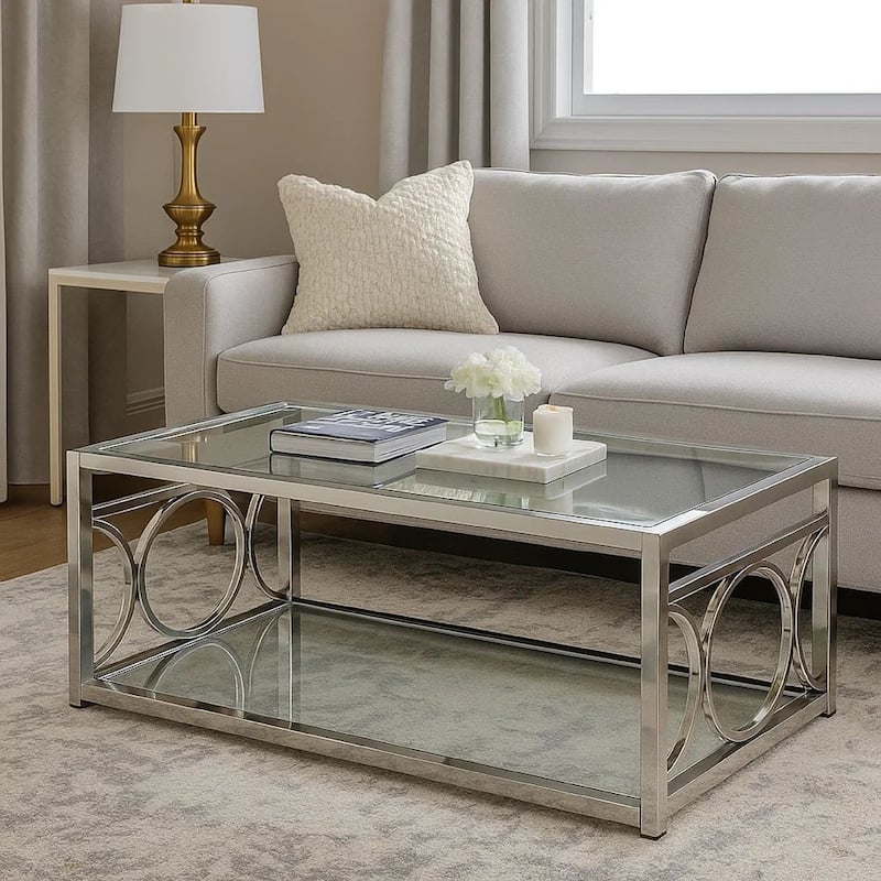 Paire 47 Inch Coffee Table, Glass Top, Mirrored Bottom Shelf, Metal Accents