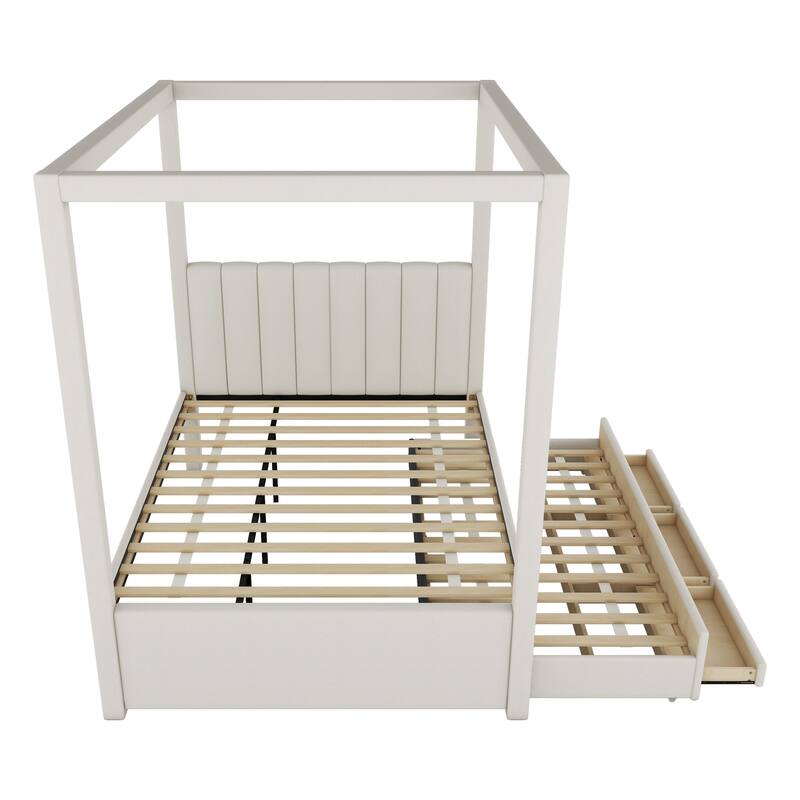 Full Size Upholstered Canopy Bed Platform Bed with Canopy Roof Frame and Headboard, Twin Size Trundle, 3 Storage Drawers, Beige