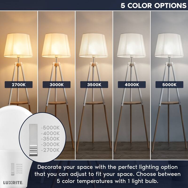 Luxrite A19 LED Light Bulb Dimmable 11W=75W CRI90 5CCT 1100 Lumens E26 Base Title CA20 ETL 16 Pack