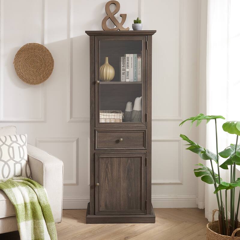 Modern Tall Storage Cabinet with Glass Door, Drawer and Shelves for Living Room, Kitchen, Dining Room - Brown