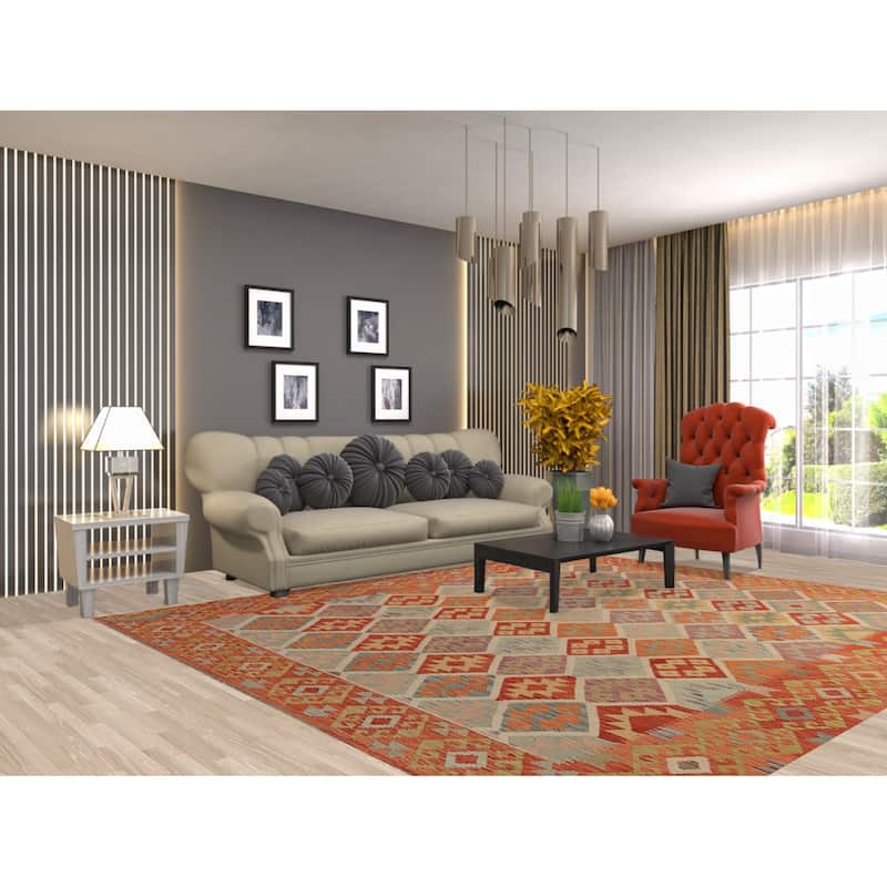 Trellis Geometric Kilim Oriental Area Rug Hand-Woven Wool Carpet - 8'2"x 9'8"