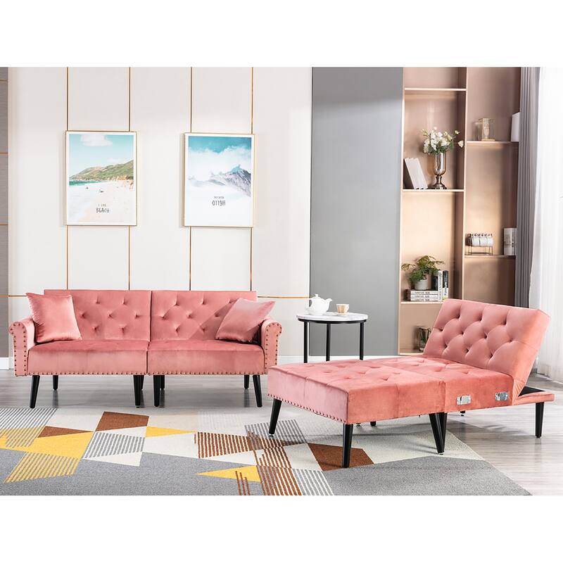 Convertible Velvet Sofa Couch, Sectional Sofa with Ottoman, Mid-Century Futon Sofa Bed - 32"D x 100.7"W x 29.9"H