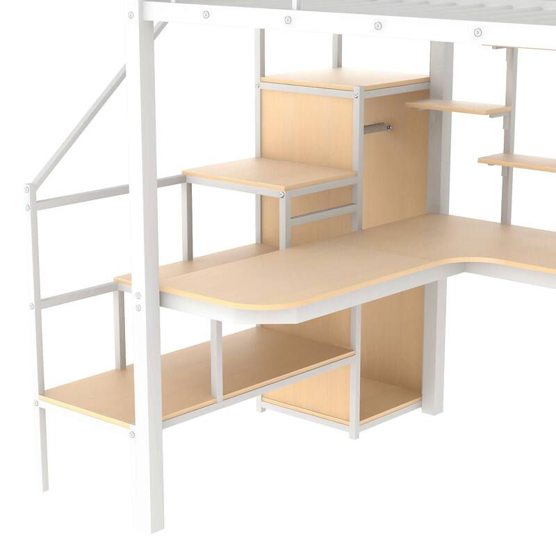 Full Size Metal Loft Bed with Storage Staircase, Built-in Desk, Wardrobe, and Shelves, White