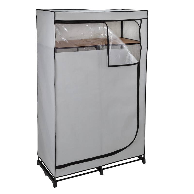 Grey 46 Inch Wide Portable Wardrobe Closet with Cover and Shelf On