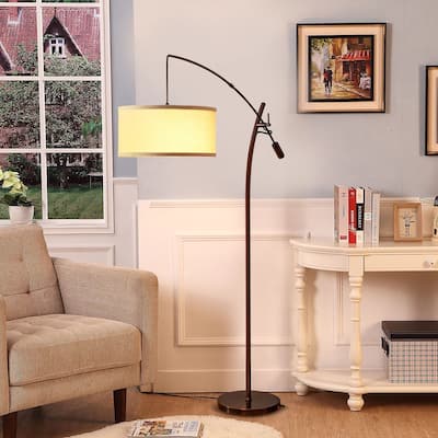 Brightech Grayson 84 in. Mid-Century Modern Height Adjustable LED Floor Lamp with Beige Fabric Drum Shade