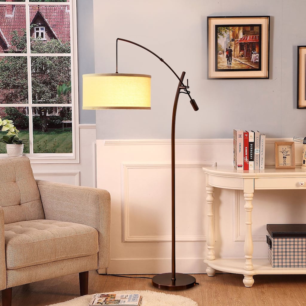 Brightech Grayson 84 in. Mid-Century Modern Height Adjustable LED Floor Lamp with Beige Fabric Drum Shade