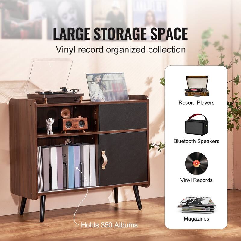 Turntable Stand with Storage, Holds 350 Records, Built-in Power Outlet - 34.25 x 14.37 x 30.51 inch