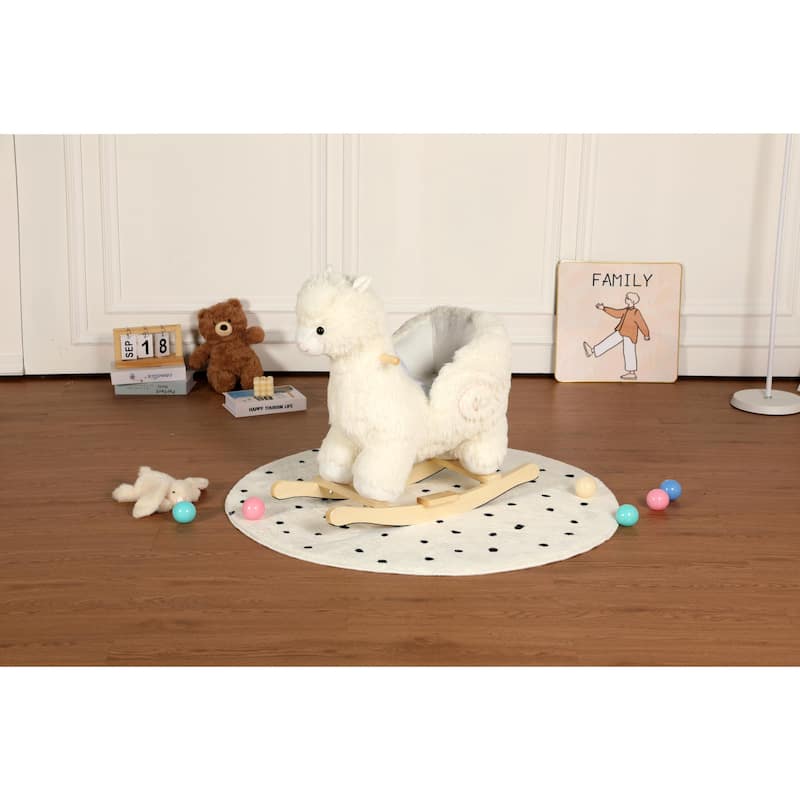 Kids Ride-On Rocking Horse Toy with Lullaby Song, Rocking Toy with Hand Puppets & Safety Belt - Alpaca