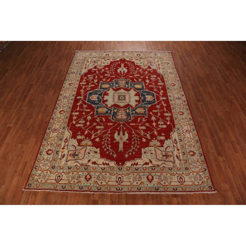 Geometric Heriz Serapi Vegetable Dye Area Rug Handmade Wool Carpet - 6'11"x 10'1"