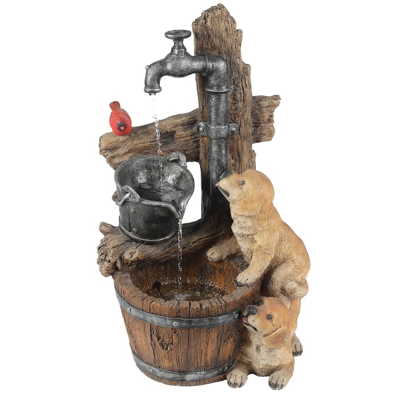 Resin Puppies and Water Faucet Outdoor Fountain with LED Light
