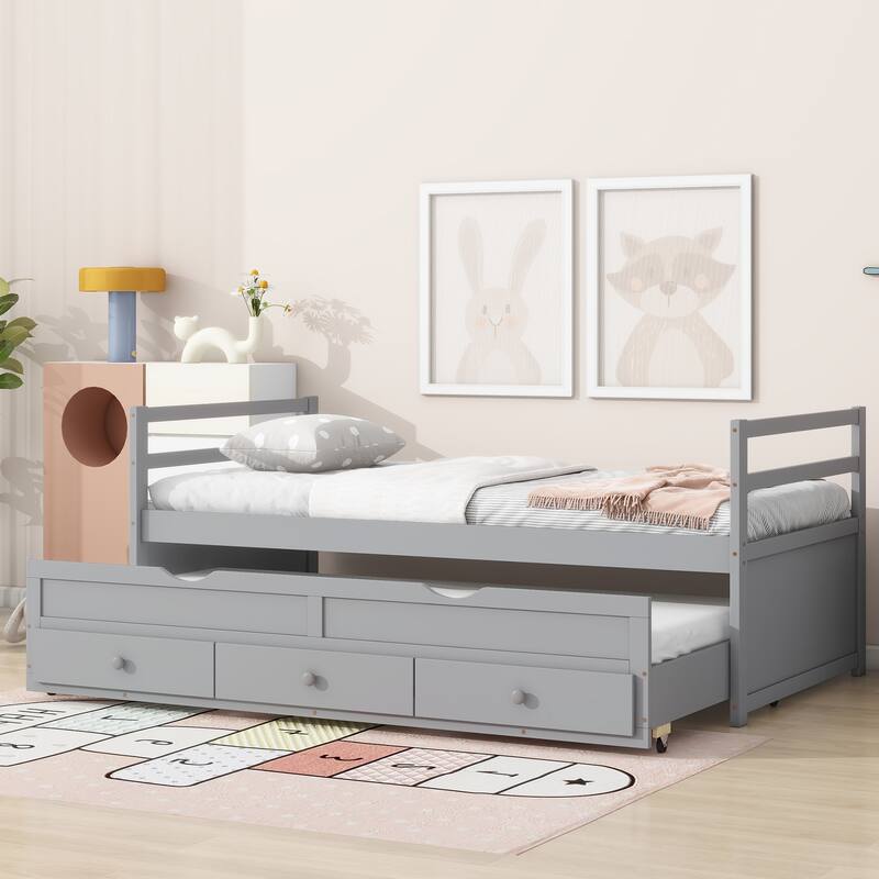 Twin Bed with Pull-Out Trundle, Three Storage Drawers, Pine Wood Frame, Headboard & Footboard