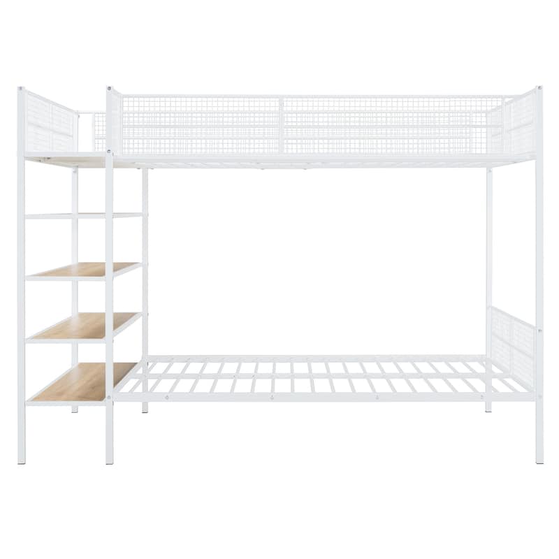 HomeRoots White Twin Over Full Industrial Metal Bunk Bed With Shelves