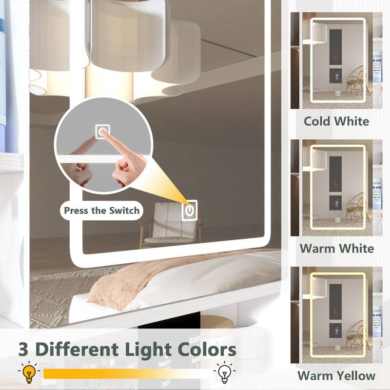 Make Up Vanity with LED Lights and Openable Mirror, Rattan Vanity Desk with 4 Drawers, 1 Cabinet and Storage Shelves for Bedroom