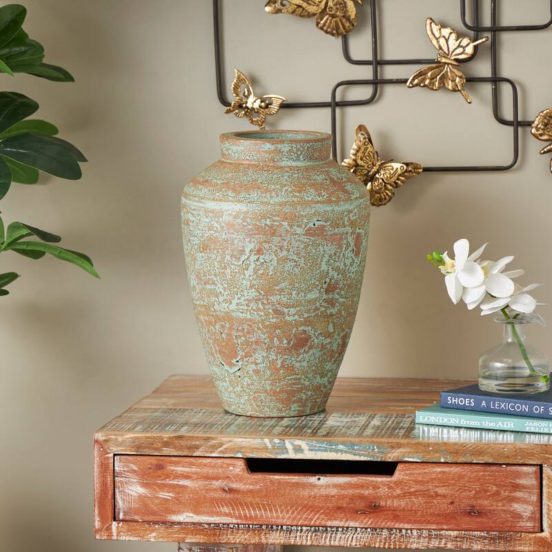 Brown Ceramic Antique Style Textured Patina Decorative Vase - Brown