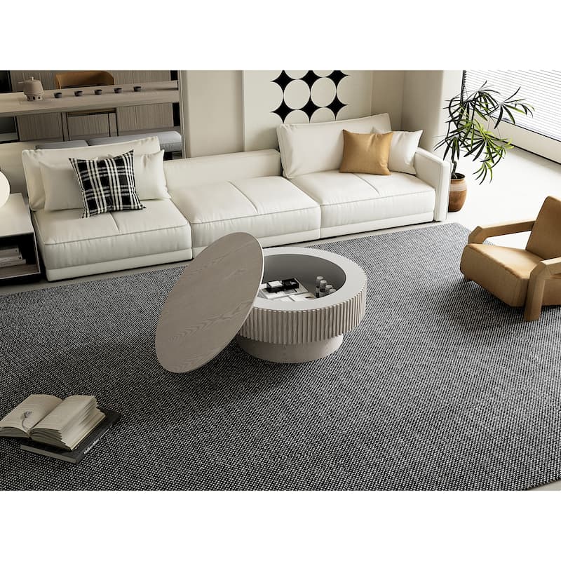 Modern 31.5" Round Coffee Table with Storage Solid Wood Veneer for Living Room and Bedroom Use - Retro White 