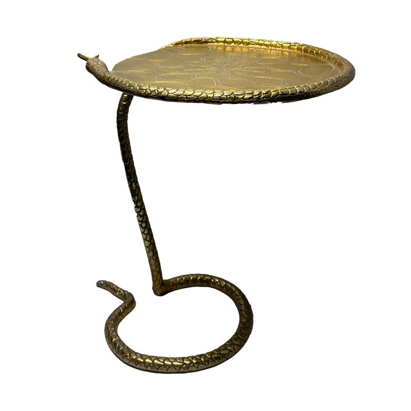 22 Inch Side End Table, Handcrafted Textured Snake Skin Pattern Base, Brass Aluminum