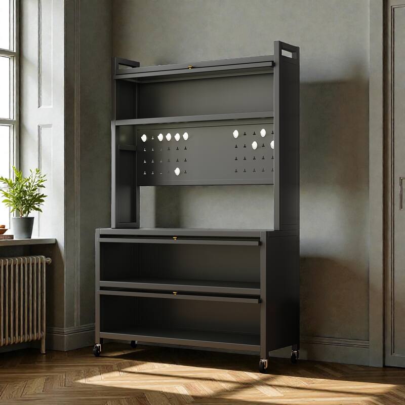 65'' Tall Kitchen Bakers Rack with Flip Door Cabinet, 5 Tier Microwave Stand Coffee Bar with Pegboard Hooks