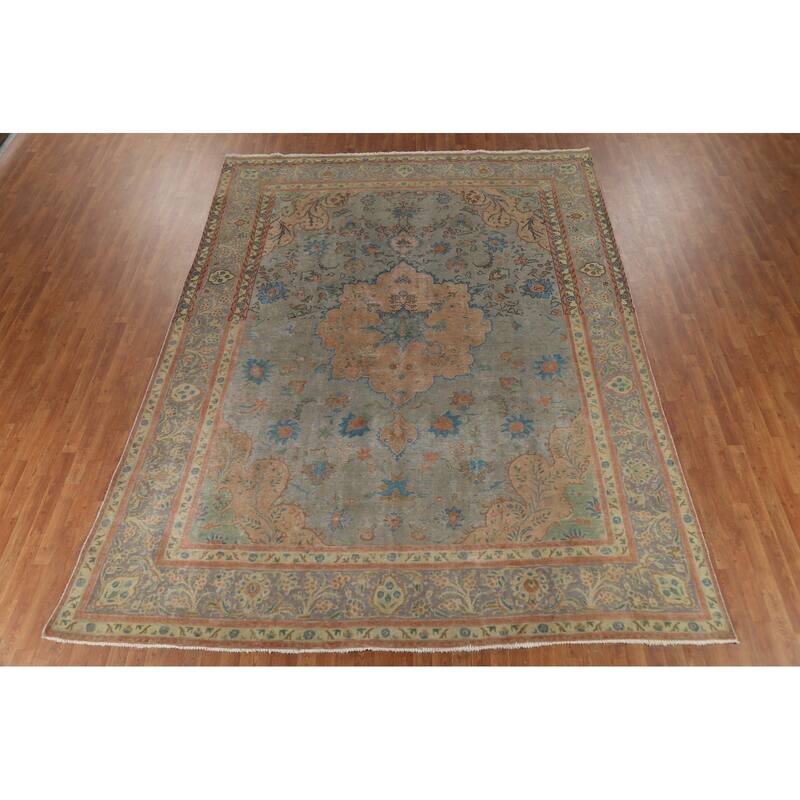 Floral Green Tabriz Persian Vintage Area Rug Hand-Knotted Wool Carpet - 9'7"x 12'11"