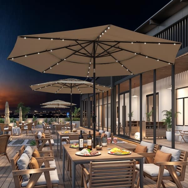 commercial patio tables with sun umbrella PatioKingdom 9FT Outdoor Umbrella, Autotilt duty granite base for stable shade coverage Patio Table and Chairs Set