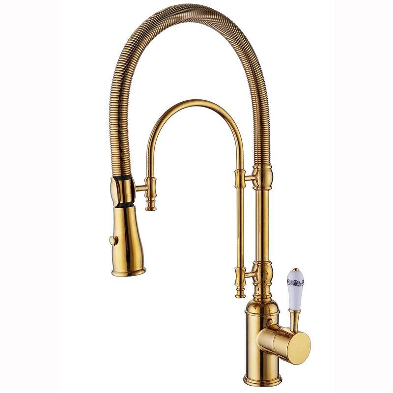 Commercial Pull Down Kitchen Sink Faucet Single Handle Modern Single Hole Brushed Gold Kitchen Faucets With Sprayer