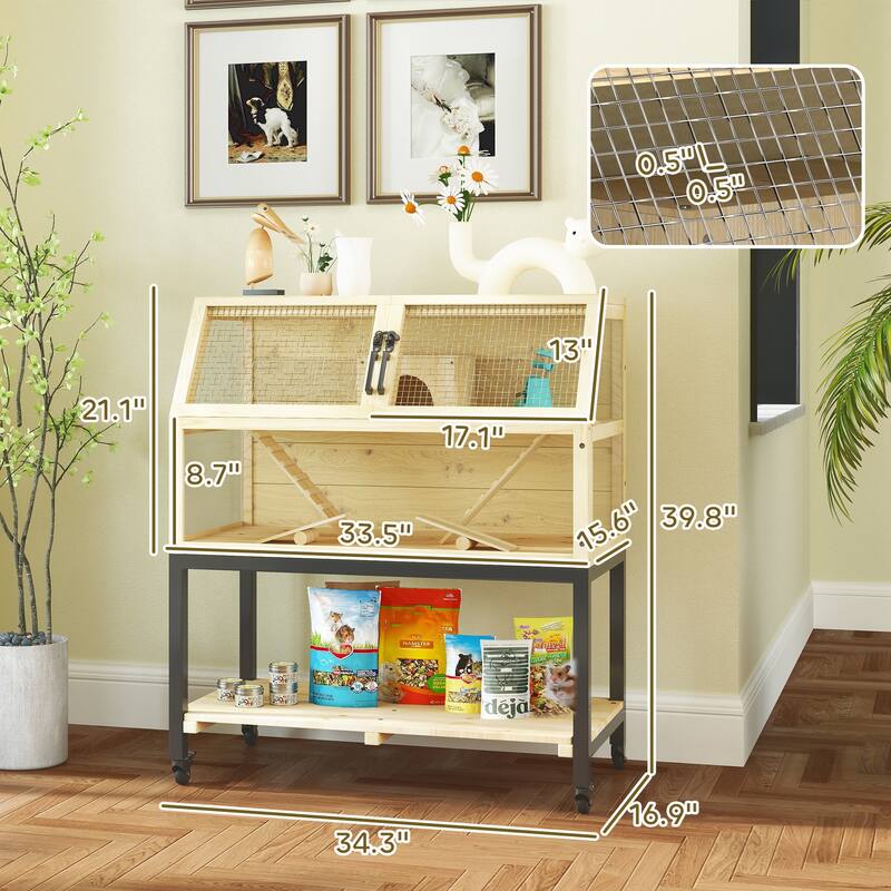 Wooden Hamster Cage with Wheels, Storage Shelf and Accessories - 34.3" W x 16.9" D x 39.8" H