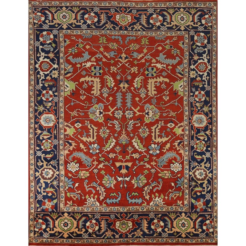 Hand Knotted Oriental 100% Wool Carpet Transitional All-Over Red Oushak Area Rug - 9' 11'' X 7' 11''